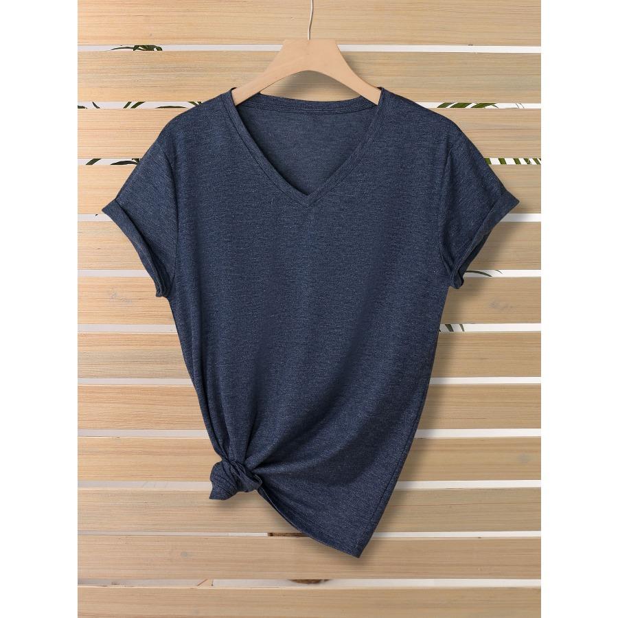 Fashionable Simple Versatile Pure-colored V-neck Short-sleeved Women's T-shirts