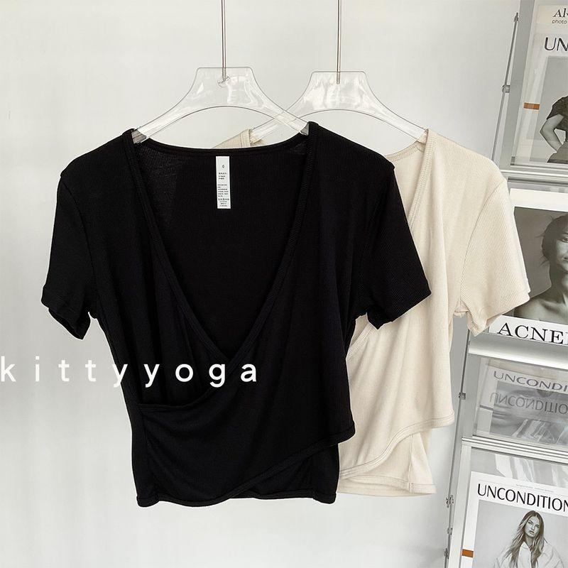 

2025 New Yoga Short Sleeve Knitting Cross V-neck Rib Blouse Loose Casual and Waist Summer Breathable Short Sleeve Black M