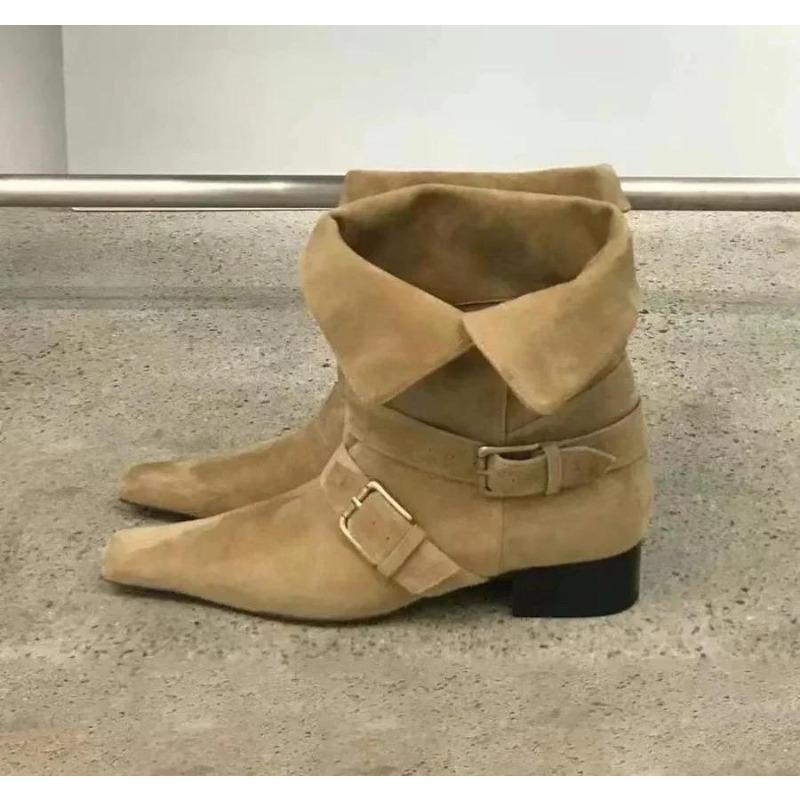 Short Boots Women Autumn/Winter Genuine Leather Suede Square Toe Womens Shoes Two In One Foldable Thick Heel Midsole Boots Woman