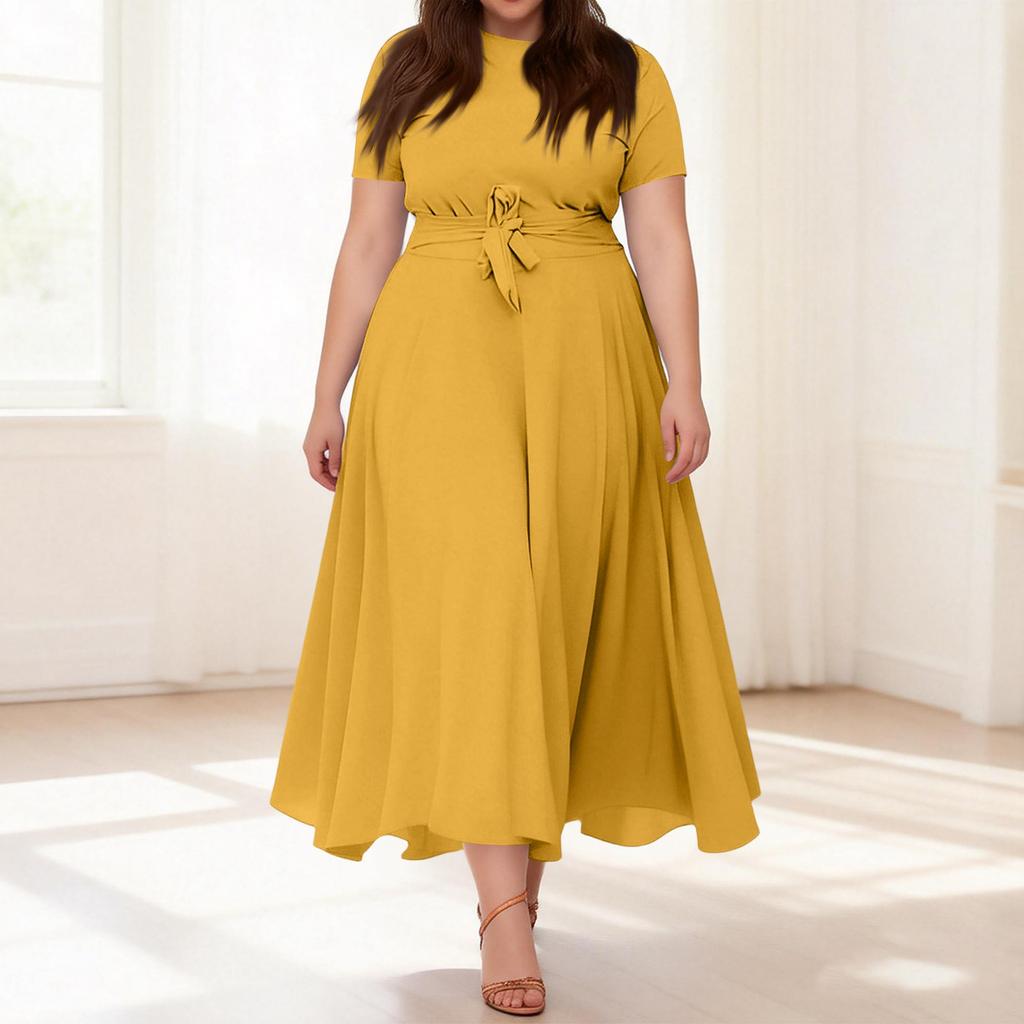 Women's Casual Fashion Large Size Color Round Neck Short Sleeve Pocket Straps Swing Dress