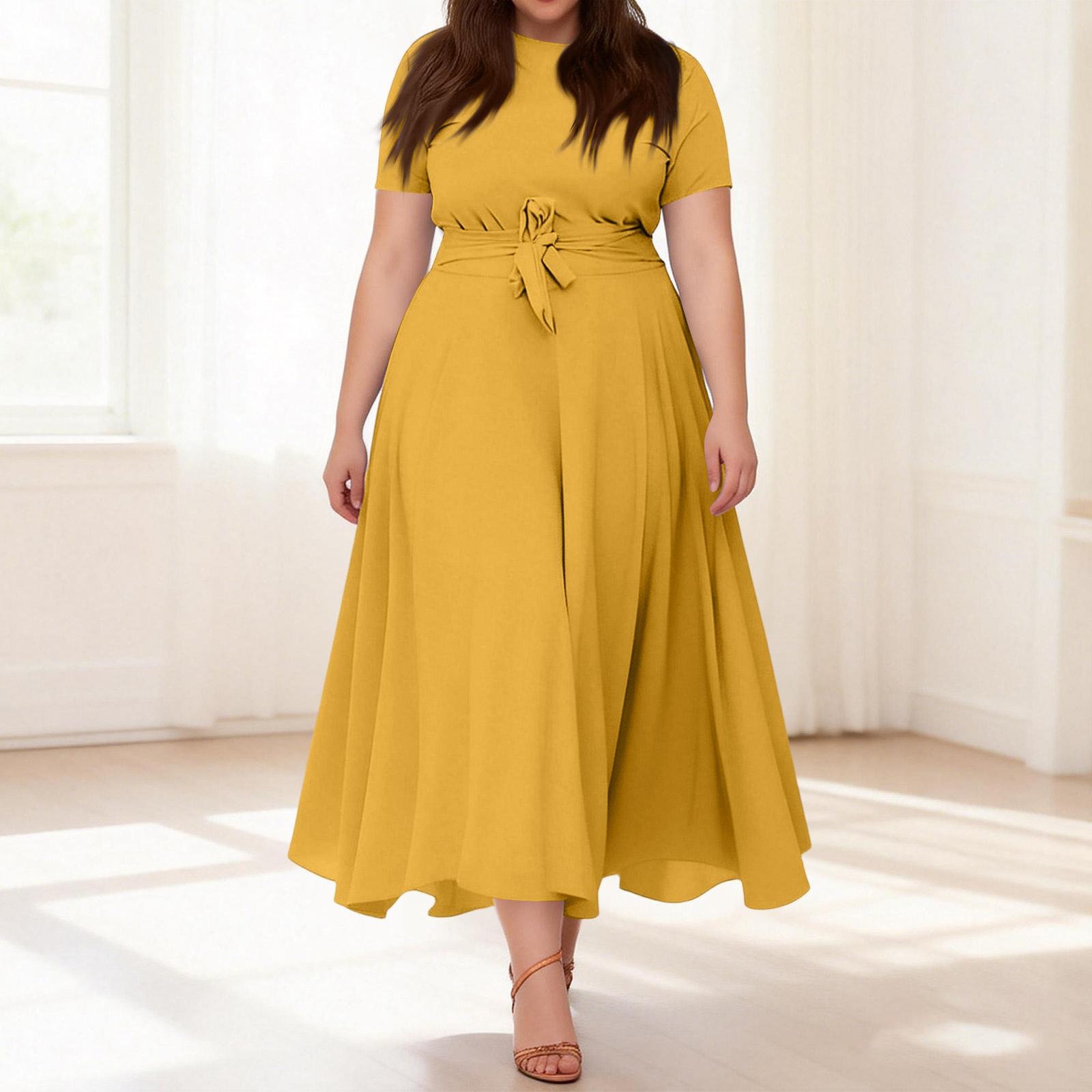 

Жіноча Повсякденна Мода Великий Розмір Колір Круглий Виріз Короткий Рукав Кишеня Бретельки Розкльошена Сукня XL жовтий