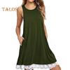 Lady Sundress with Side Pockets Lace Trim Hem A-line Sleeveless Round Neck Solid Color Mini Dress Summer Short Dress for Beach Dating Daily Wear