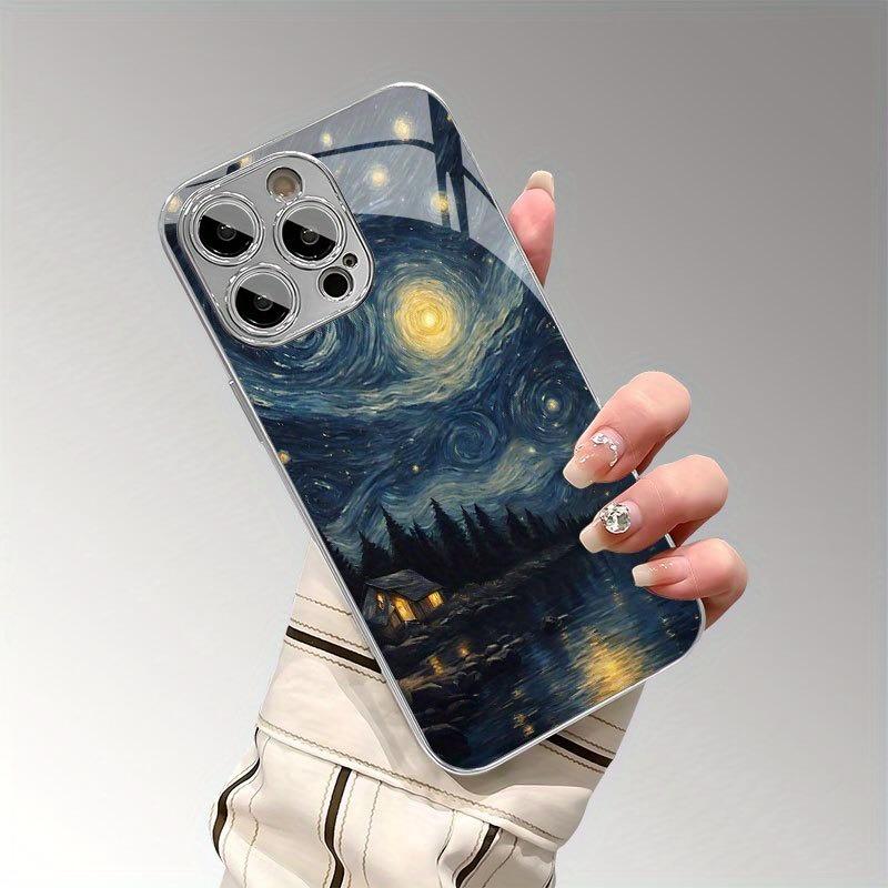 Art Starry Sky Pattern Glass Electroplated Silver Phone Case For iPhone 17 16 Pro Max 15 14 Plus 13 12 11 Pro 16E 17 Air Cover