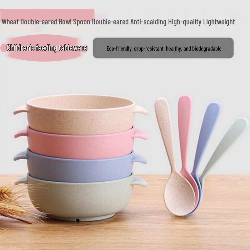 Dětská pšeničná jídelní sada: Miska s dvojitými uchy a lžíce odolné proti pádu a s tepelnou izolací