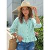 Womens Striped Ruffle Hem Button Front 3/4 Sleeve Blouse