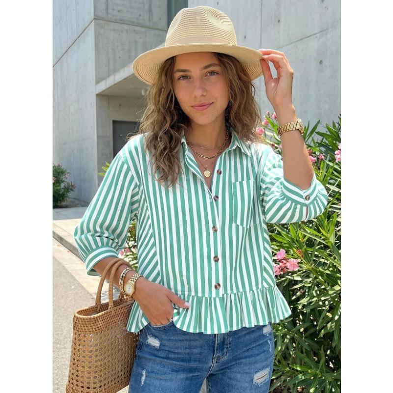 Womens Striped Ruffle Hem Button Front 3/4 Sleeve Blouse
