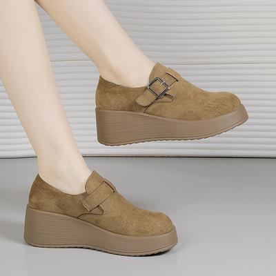 Retro Leather Platform Casual Shoes for Women, Spring Single Shoes, Wedge Heels, Height-increasing and Durable Women's Shoes