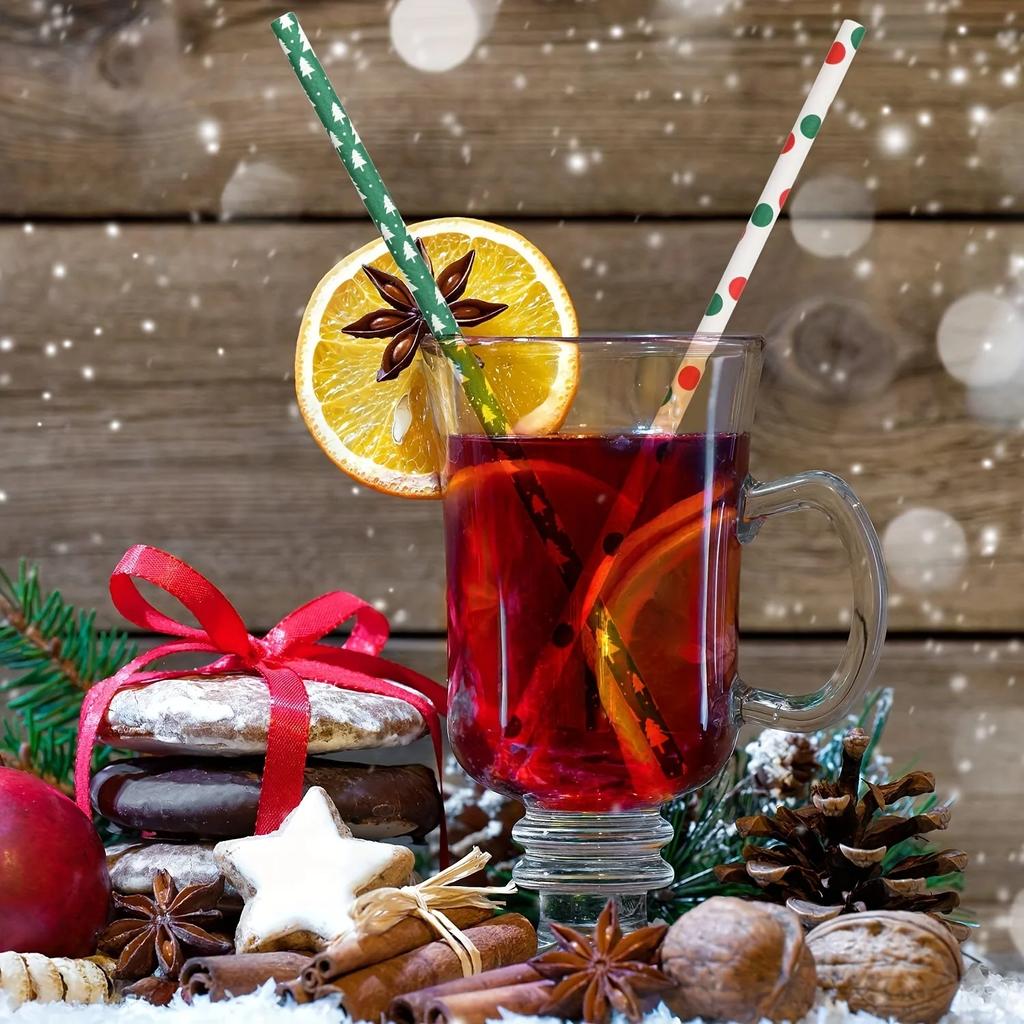 25-100Pcs Christmas Kraft Paper Straw Colorful Print Disposable Paper Drinking Straws Xmas New Year Party Home Decor Supplies