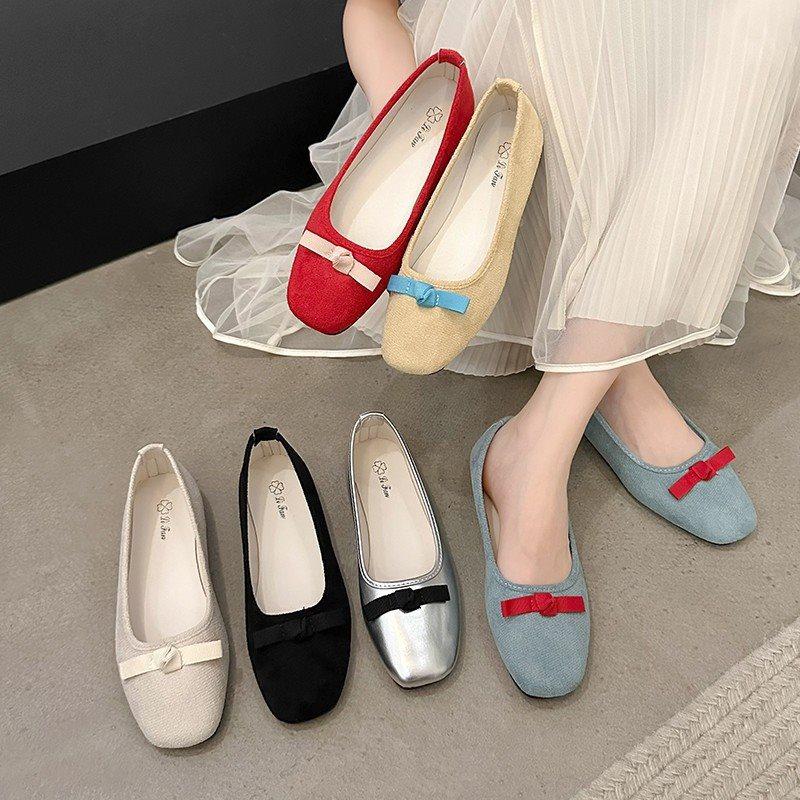 New French Spring and Autumn Evening Wind Fairy Shallow Mouth Single Shoes Female Gentle Flat-bottomed Doudou Shoes Red Pedal