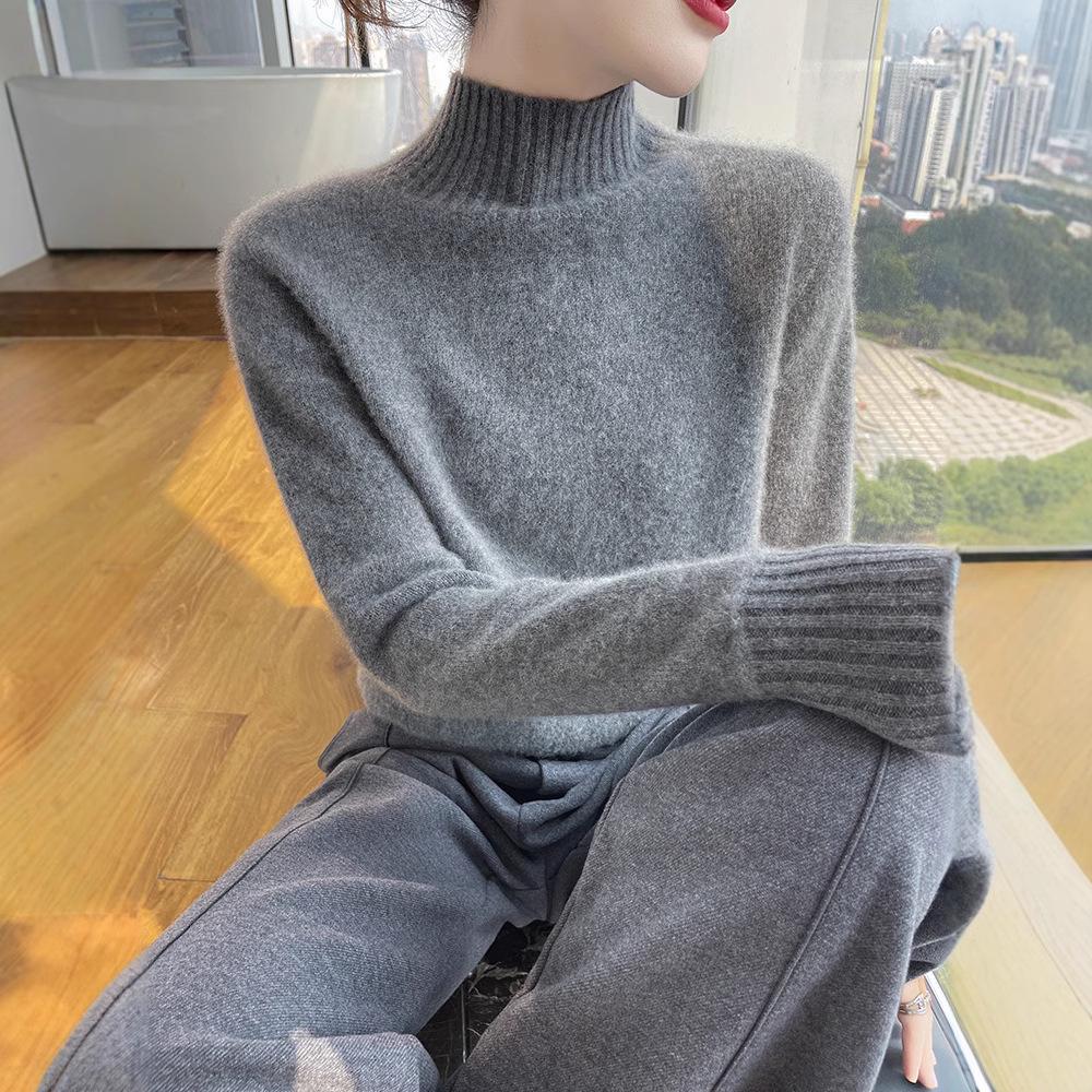 Women's Slimming Wool Knit Cardigan Sweater - Thick Half-High Neck, Warm and Versatile for Autumn/Winter