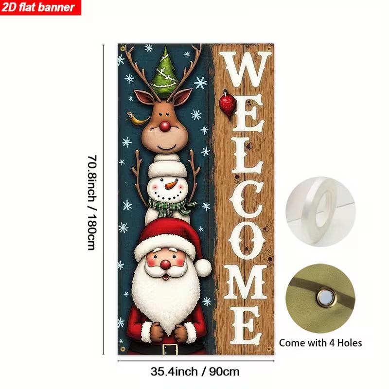 2D Christmas Rustic Welcome Door Banner, Santa Snowman Reindeer Backdrop