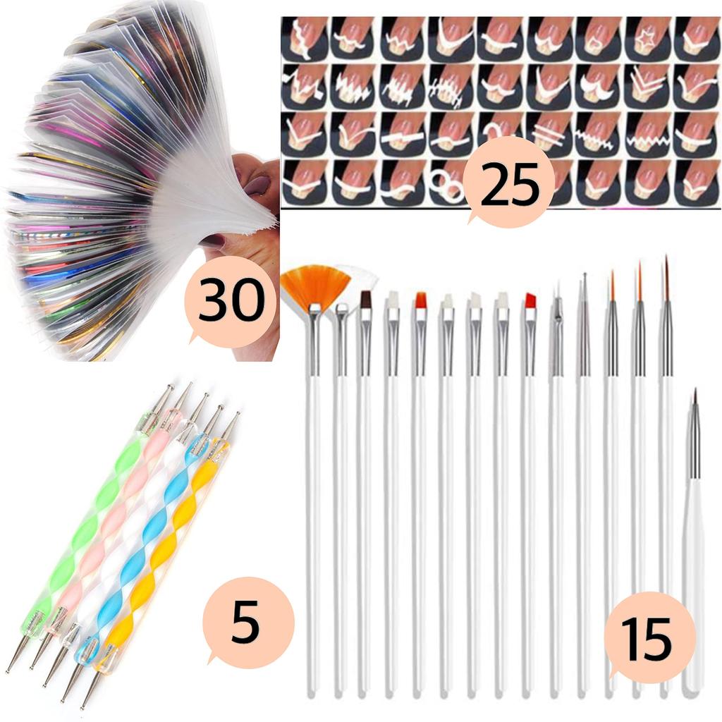 Coslifestore- DIY Nail Art Kit ( 80 Pieces ) - 36 Nail Tapes - Metallic- Multicolor Strips, 15 Nail Art Brushes , 5 Nail Dotting Tool Pen , 25 Asso