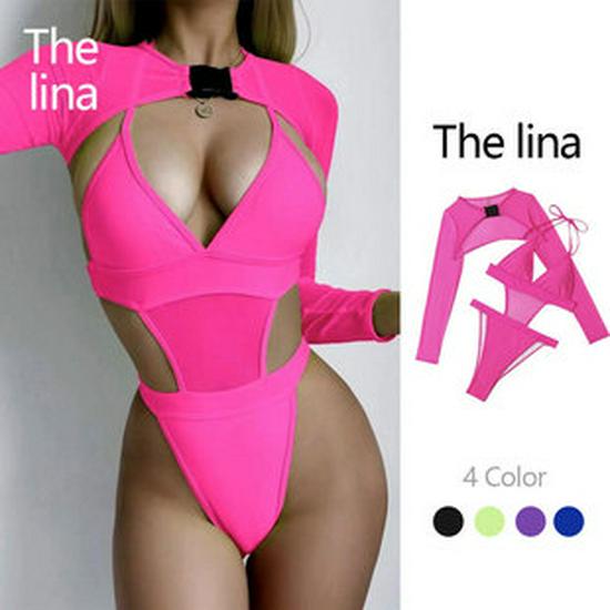 European and American Print Zipper One-Piece Swimsuit: Women's Sunscreen Long Sleeve Beachwear