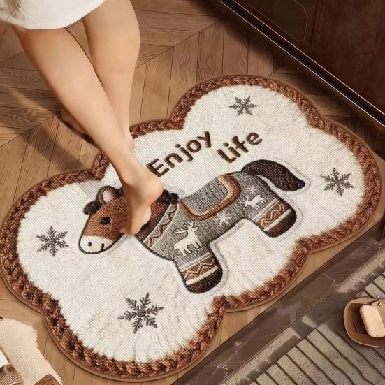Floor Mat Cartoon Horse Design Anti-Slip Water Absorbent Festive Home Mat Bathroom Kitchen Home Decor