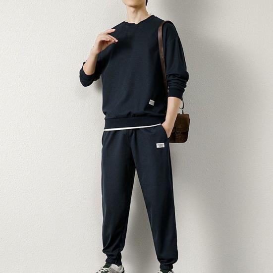 2Pcs/Set Men Casual Sport Suit Waffle Texture O-neck Long Sleeve Sweatshirt Elastic Waist Pockets Jogger Pants Set Loose Fit Sweatshirt Suit
