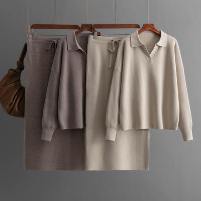 Autunno Inverno Pigro Vento Sciolto Collo Gira-giù Maglione Tuta Donna Tinta Unita Manica Lunga Maglia Gonna Due Pezzi Set
