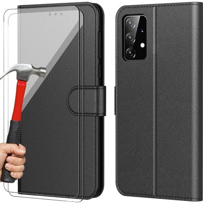 Lot de 2 Verres Trempés+ Coque pour Samsung A23 5G Intégrale Anti-Rayure Effet Cuir Noir