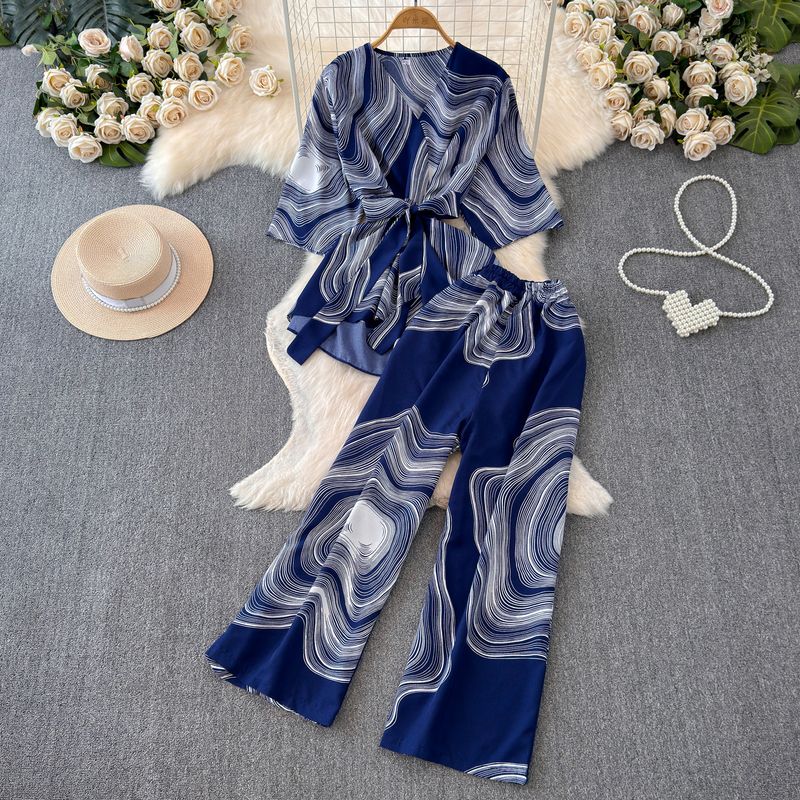 

2024 New Arrival Fashion Summer Suit Female Special-Interest Design Adult Lady like Woman Fried Street Tops + High Waist Loose Pants Two-piece Set Royal Blue One size