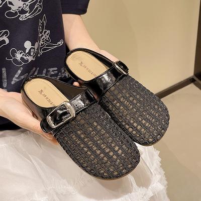 Gewebte hohle Halbschuhe 2025 Sommer Taschenkopf Lazy Drag Gürtelschnalle dicker Absatz Römische coole Hausschuhe Weiblichkeit
