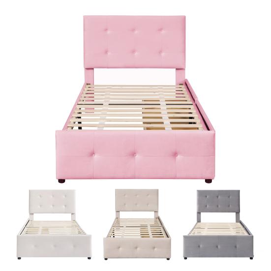 Drawer Bedside Table 99x210cm Velvet Fabric Kids Bed with Adjustable Headboard 2 Drawers Single Ergonomic Design Strong Wood Slat Support Home