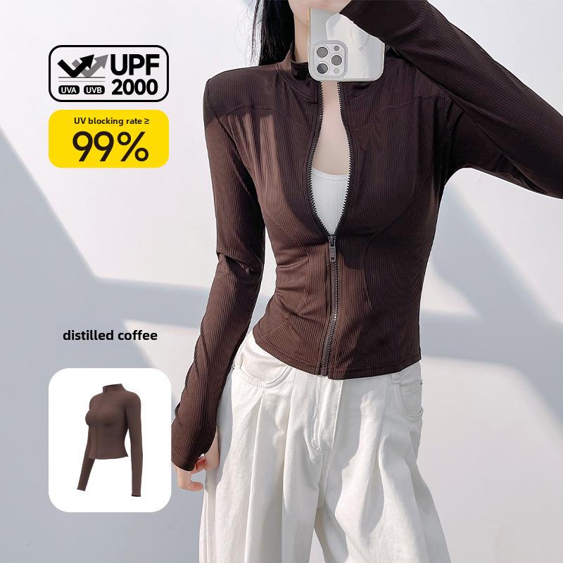 Juyitang Women's Slim-Fit Striped Yoga Jacket – Long Sleeve, Elastic, Ribbed, and Lightweight