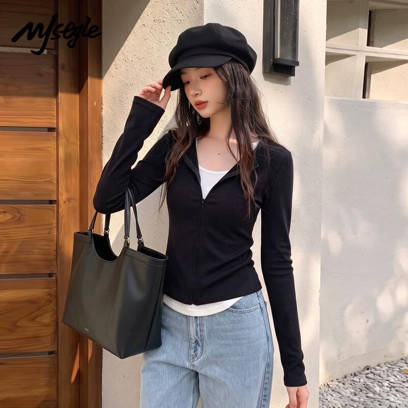 MJ STYLE Women's Slim Fit Faux Two-Piece Long Sleeve Top