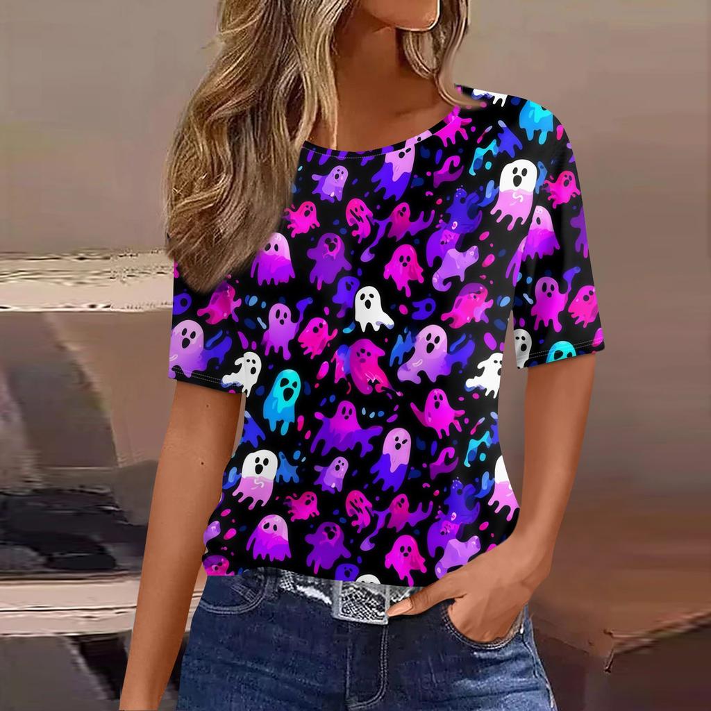 Women's Short Sleeve Halloween and Pumpkin Print T-Shirt, Casual Round Neck Pullover Top for Women