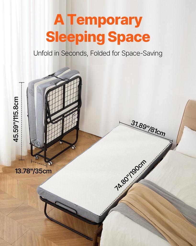 Rollaway Bed Folding Bed with 5 Inches Foam Mattress for Adults & Guest