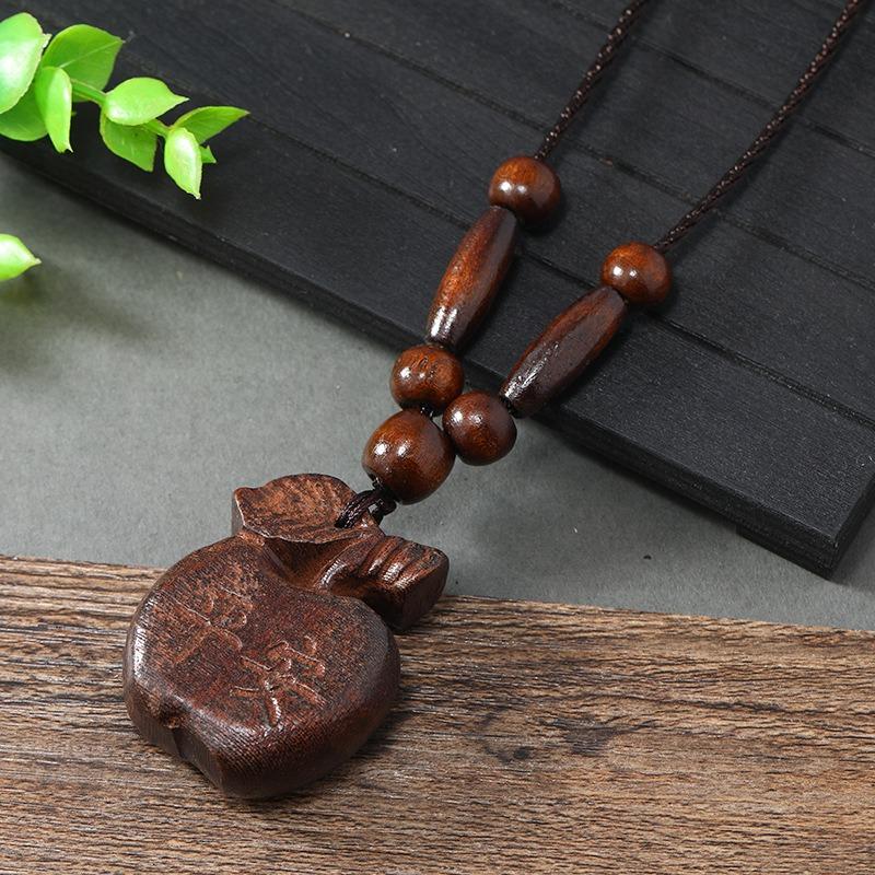 Hand-carved Mahogany Necklace Retro Femininity Long Autumn and Winter Sweater Chain Cotton and Linen Accessories
