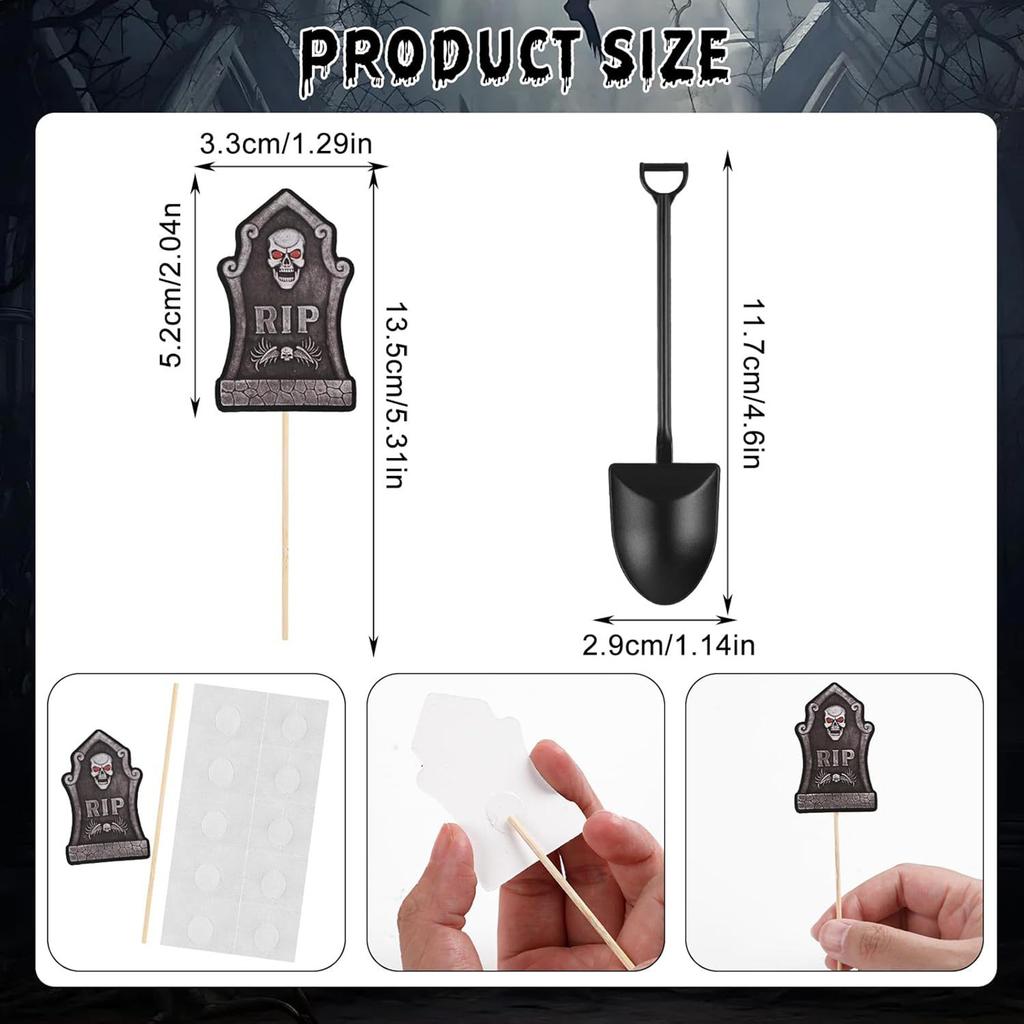 48Pcs Halloween Cake Toppers Tombstone Decorations Set for Halloween Party Spooky Cupcake Cookies Decorations
