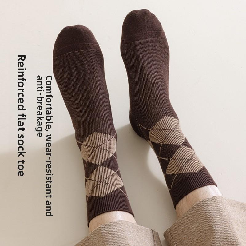 5 Pairs of Men's Autumn and Winter New Pure Cotton Retro Diamond Business Tube Socks