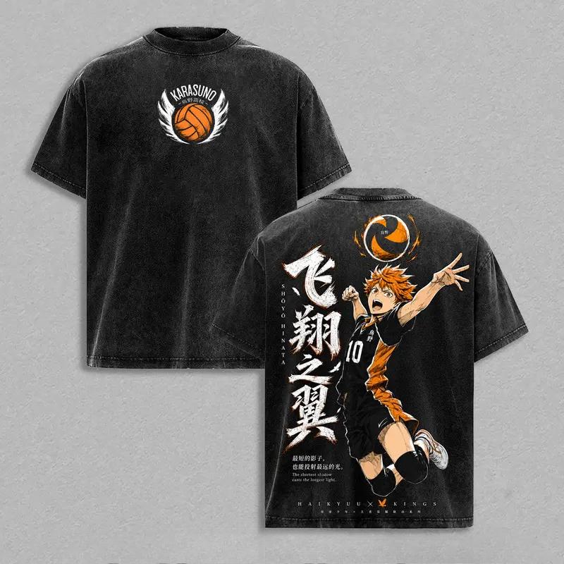 Anime Haikyuu Hinata Shoyo Graphic T Shirt Men Women Clothing Casual Cotton Tshirt Vintage Washed T-shirt Harajuku Unisex Tops S чёрный