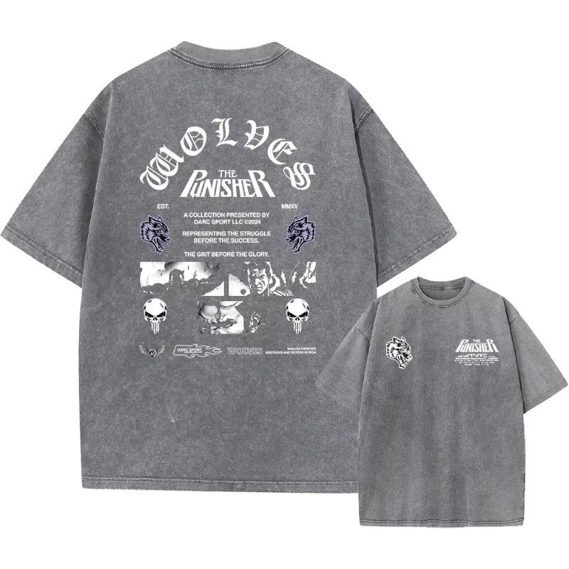 Men's Harajuku Casual Cotton Short Sleeve Washed T-Shirt Vintage Printed Street Hip Hop Retro Punk T Shirt Acid Wash TShirts Top