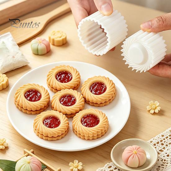Mini-Teigformwerkzeug 2-in-1 Runde Mondkuchenform, Doppelseitige Gebäckpresse mit Muschelrand und Küchenbackwerkzeuge Spiralprägung für DIY