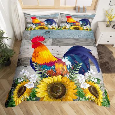 Rooster Sunflower King Queen Duvet Cover Farm Chicken Bedding Set Farmhouse Animal Comforter Cover Floral Polyester Quilt Cover