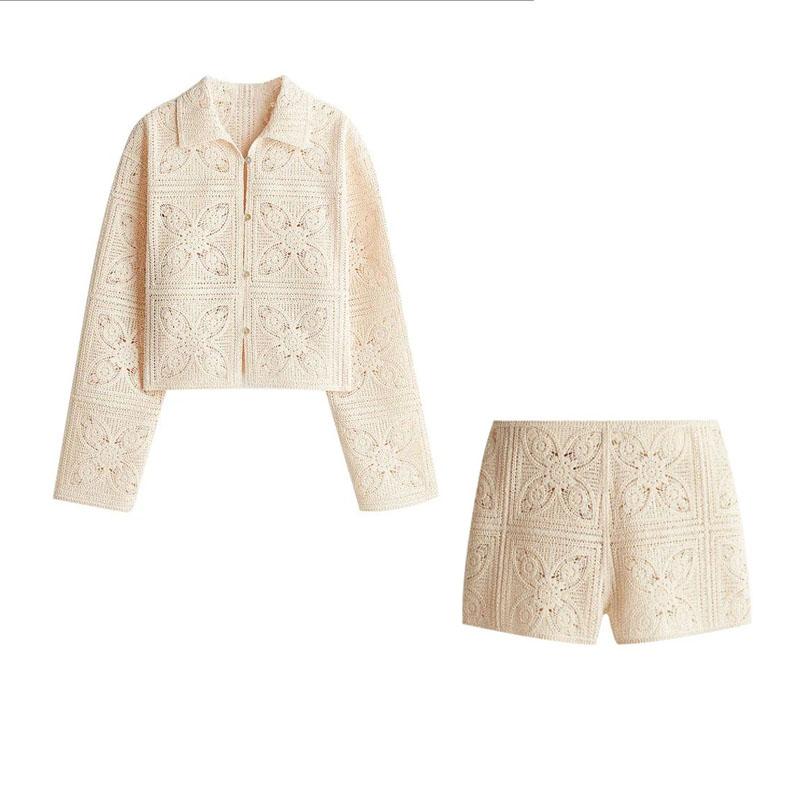 

Вязаные ажурные комплекты из двух предметов Женский наряд Элегантный вязаный крючком однобортный топ с лацканами Шорты с высокой талией Летний женский костюм для работы L бежевый