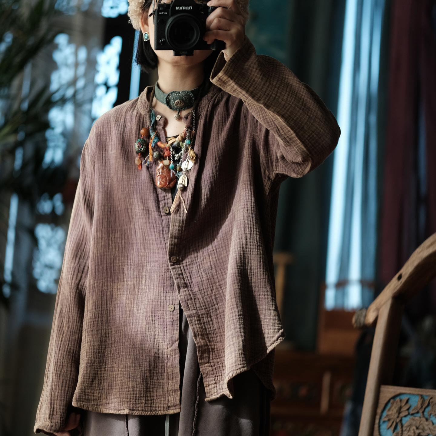 

Johnature Women Vintage Shirts Spring Chinese Style Solid Color Long Sleeve Blouses Button Stand Shirts One Size