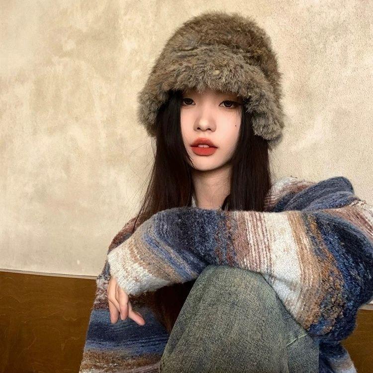 Women’s Hat Rabbit Fur Hat - Autumn Winter Warm Thickened Cold-proof Plush Bucket Hat