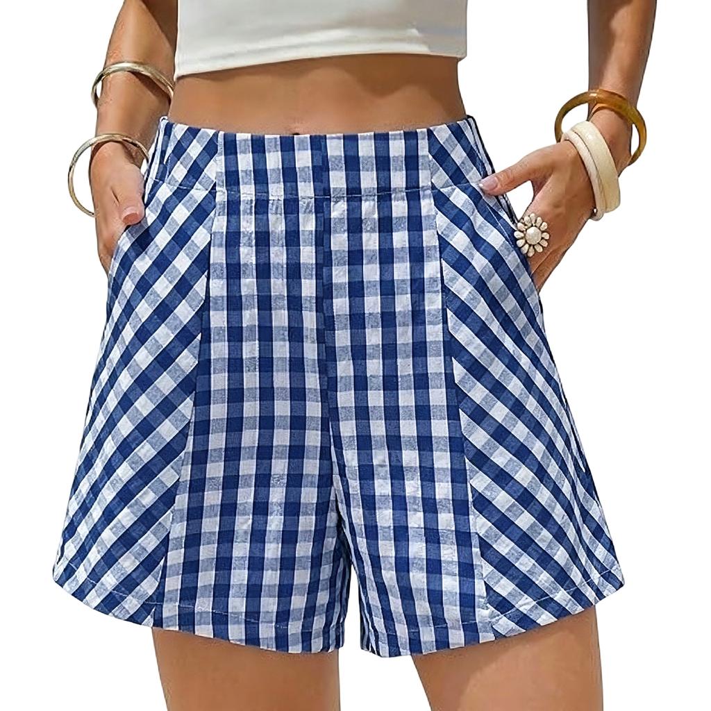 Women's Casual Plaid High Waist Shorts Loose Fit Summer Beachwear Lightweight Breathable Comfortable Flat Front Shorts