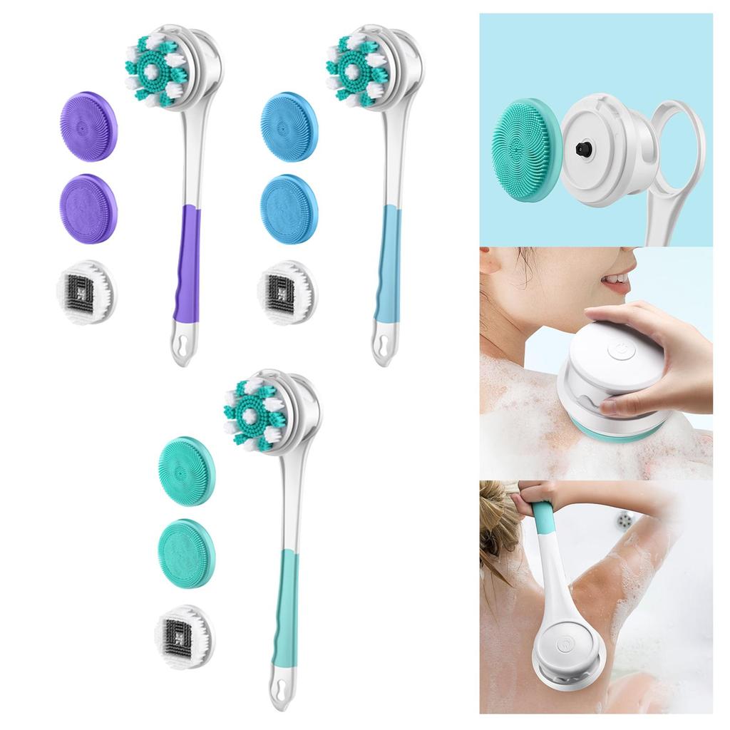 Electric Body Brush with 4 Attachments IPX7 Waterproof Detachable Long Handle Rechargeable Back Brush for Facial Cleansing Brush