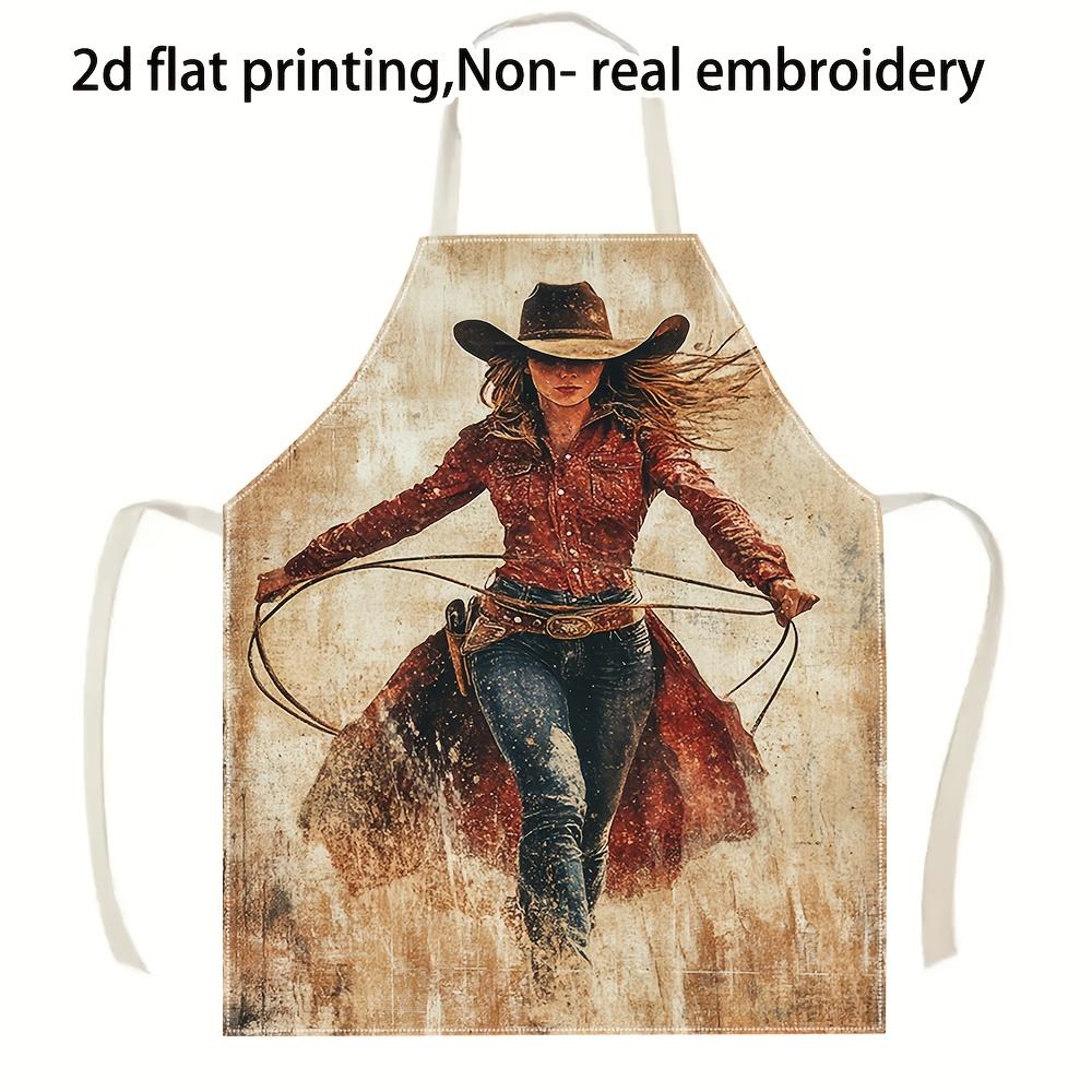 

1pc, 2d Flat Cowgirl Rodeo Apron Western Style Woman With Lasso Kitchen Cooking Baking Gift Linen Chef 38X47cm(15X19in)