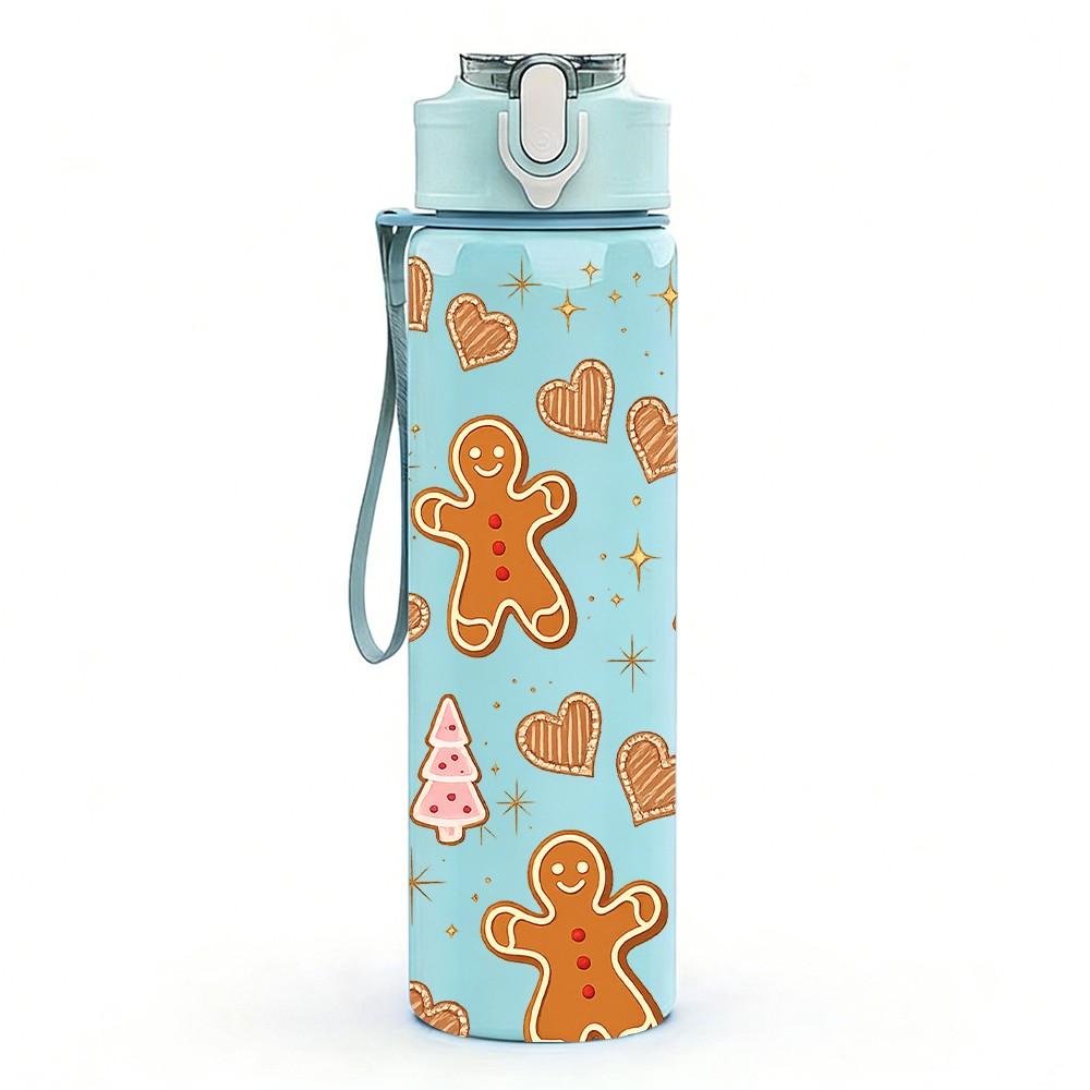 1PC Gingerbread Cookie Xmas Repeat Print 750ml Color Plastic Sports Water Bottle Leakproof Flip Straw Lid Suitable for Sports Office Home Use
