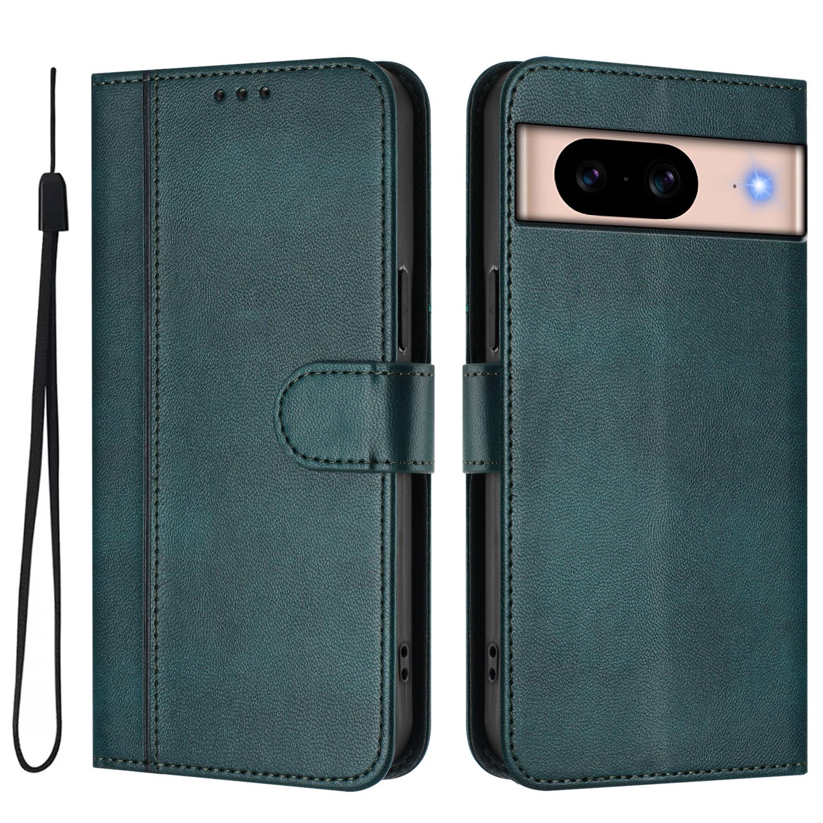 

For Google Pixel 8a Cases Wallet Stand Retro Texture Leather Phone Cover with Lanyard Dark Green