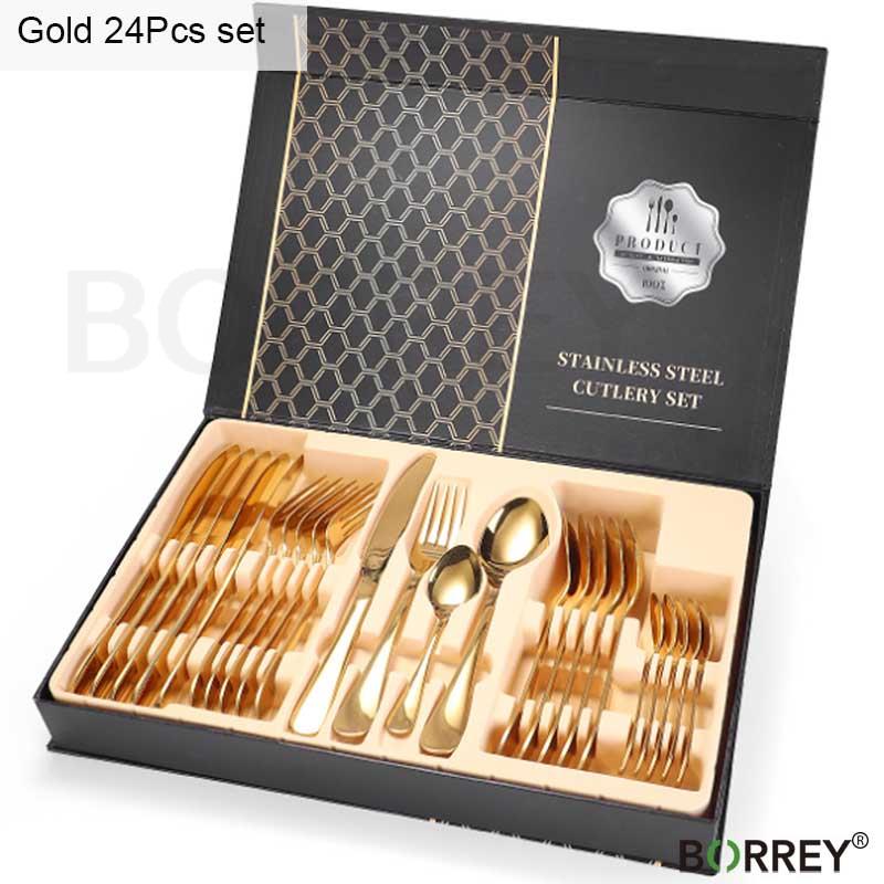 BORREY 24dílná sada nerezových příborů růžově zlatá příbory zlaté příbory jídelní sada nádobí západní jídelní sada nádobí