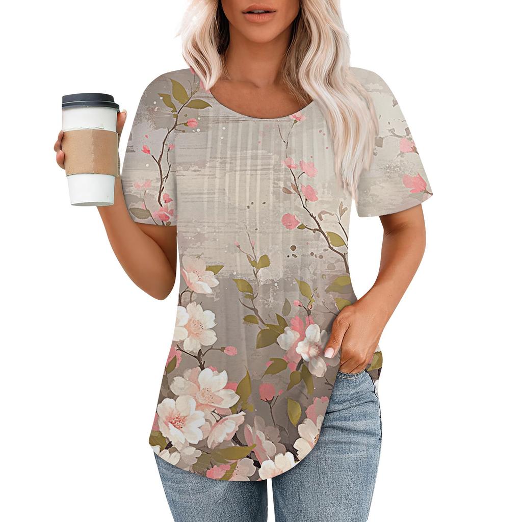 Dámské módní ležérní plisované tričko s kulatým výstřihem a krátkým rukávem s potiskem