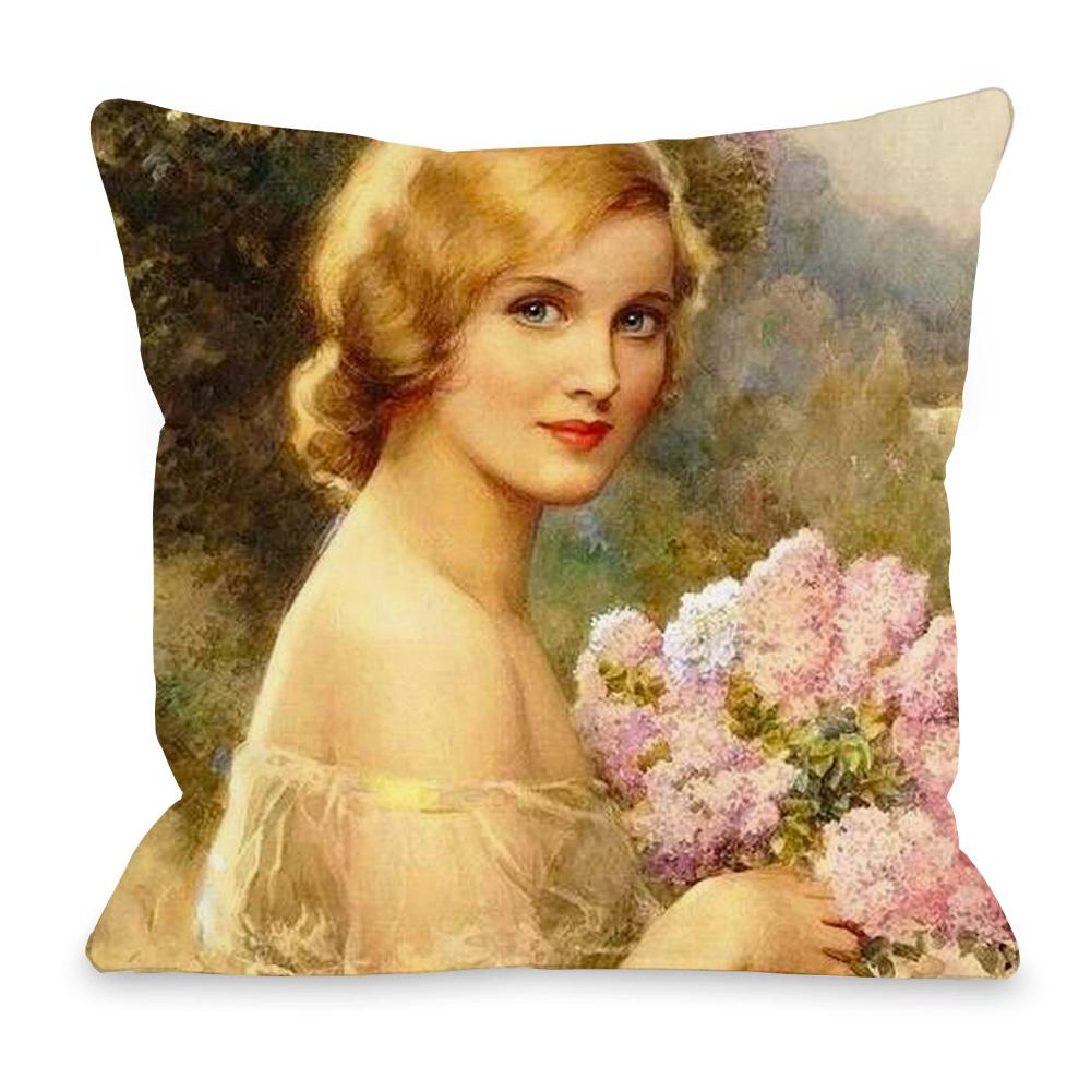 European Royal Court Lady Young Woman Portrait Painting Sofa Throw Pillowcase Rose Flower Home Decoration Art Cushion Cover