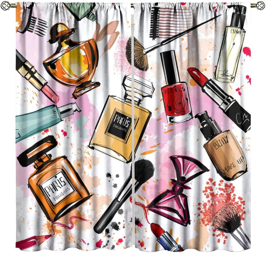 Fashion Makeup Curtains Pink Theme Lipstick Perfume Girl Makeup Blackout Window Treatment for Kids Girl Bedroom Cloakroom Decor