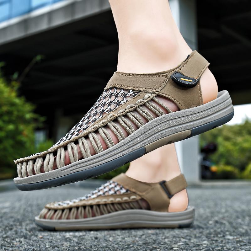 Men Outdoor Hiking Sandals Handmade Summer Black Roman Sandals Wide Beach Water Shoes Plus Size