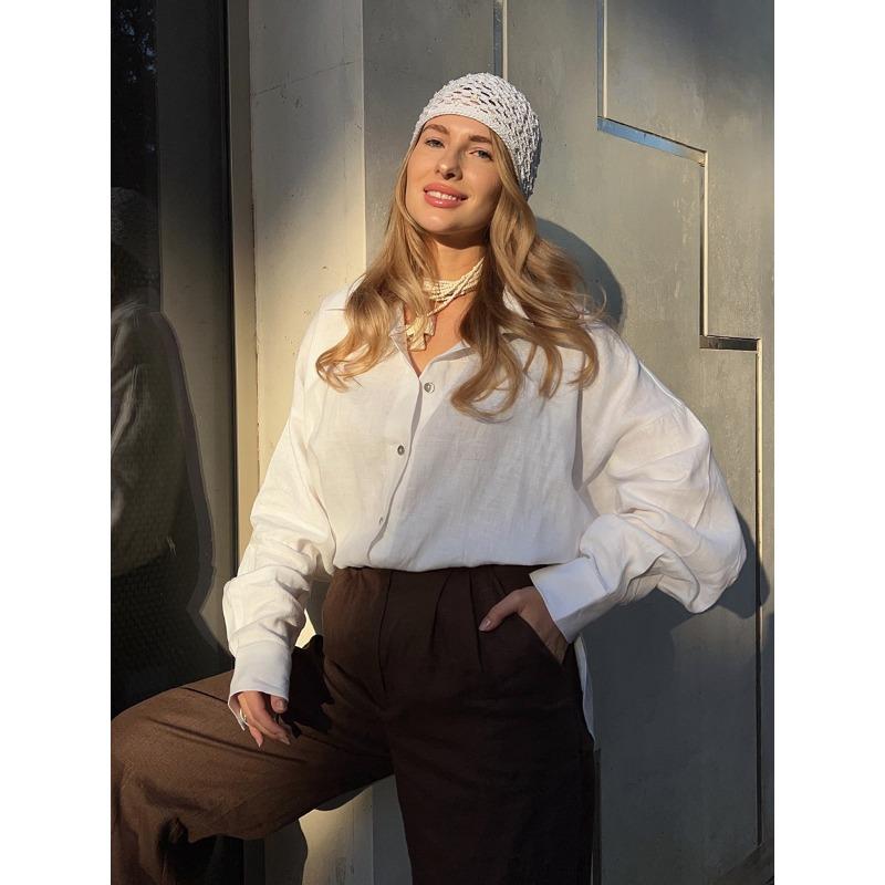 Autumn thin fashion all-match ladies casual button-down shirt, lazy fashion casual solid color simple loose shirt