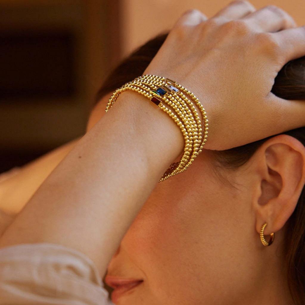 Elegant 18K Gold Plated Stainless Steel Bracelet with Colorful Rectangular Stones, Fashion Jewelry for Women